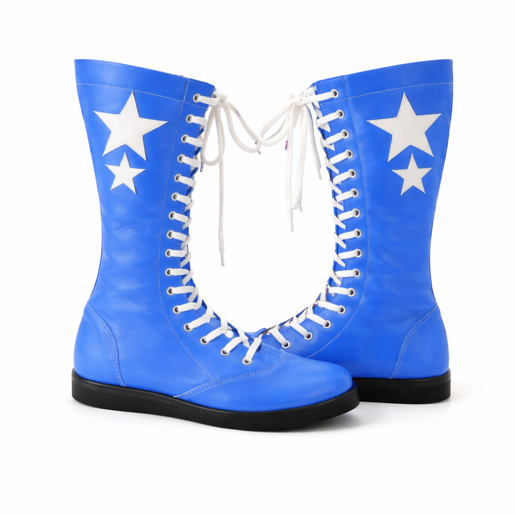 Custom Handmade Blue Leather Wrestling Boots White Star Design Mens Ring Gear