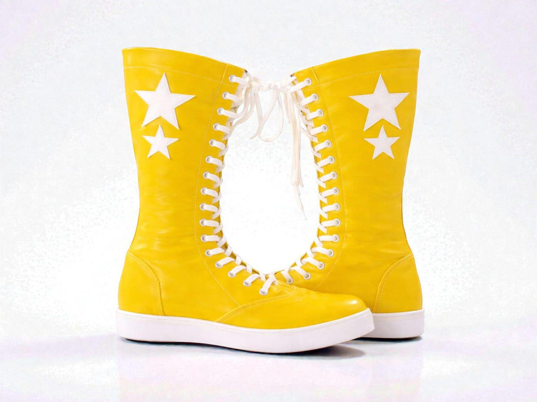 Yellow Leather Pro Wrestling Boots  Custom Tall Lace Up Ring Shoes with Star Design