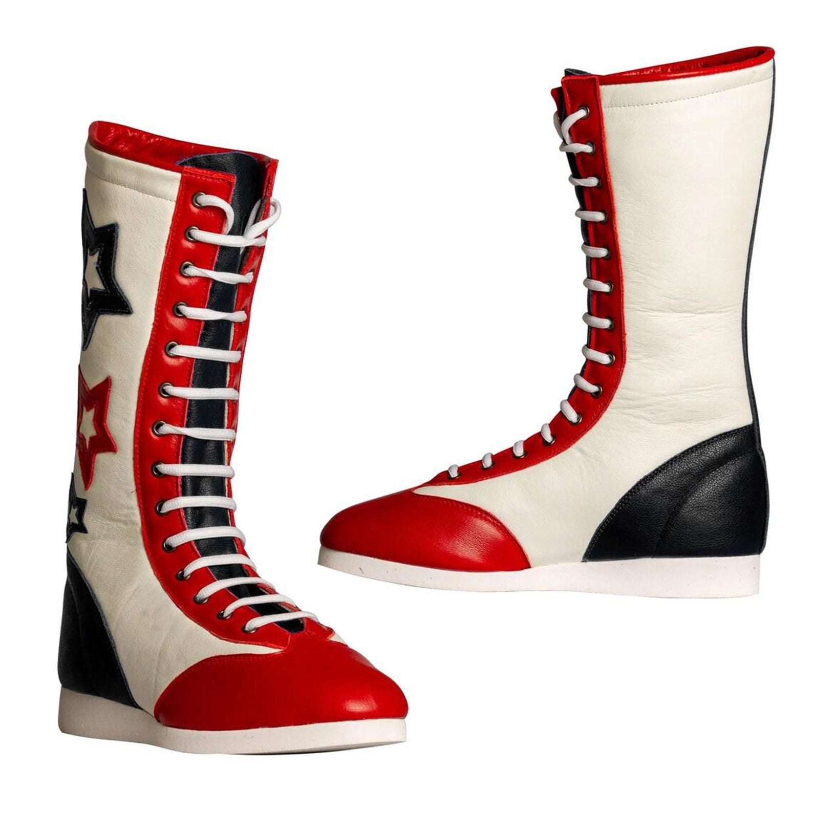 Retro Star Wrestling Boots Red White Blue Leather Cosplay Costume