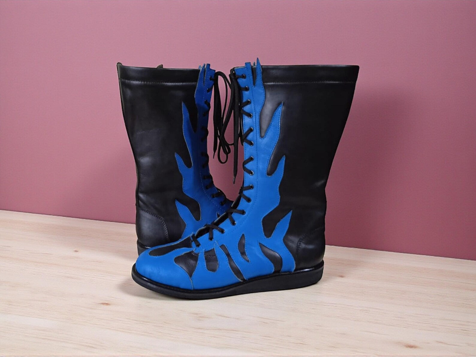 Handmade Flame Leather Wrestling Boots Custom Lace Up Cosplay Footwear