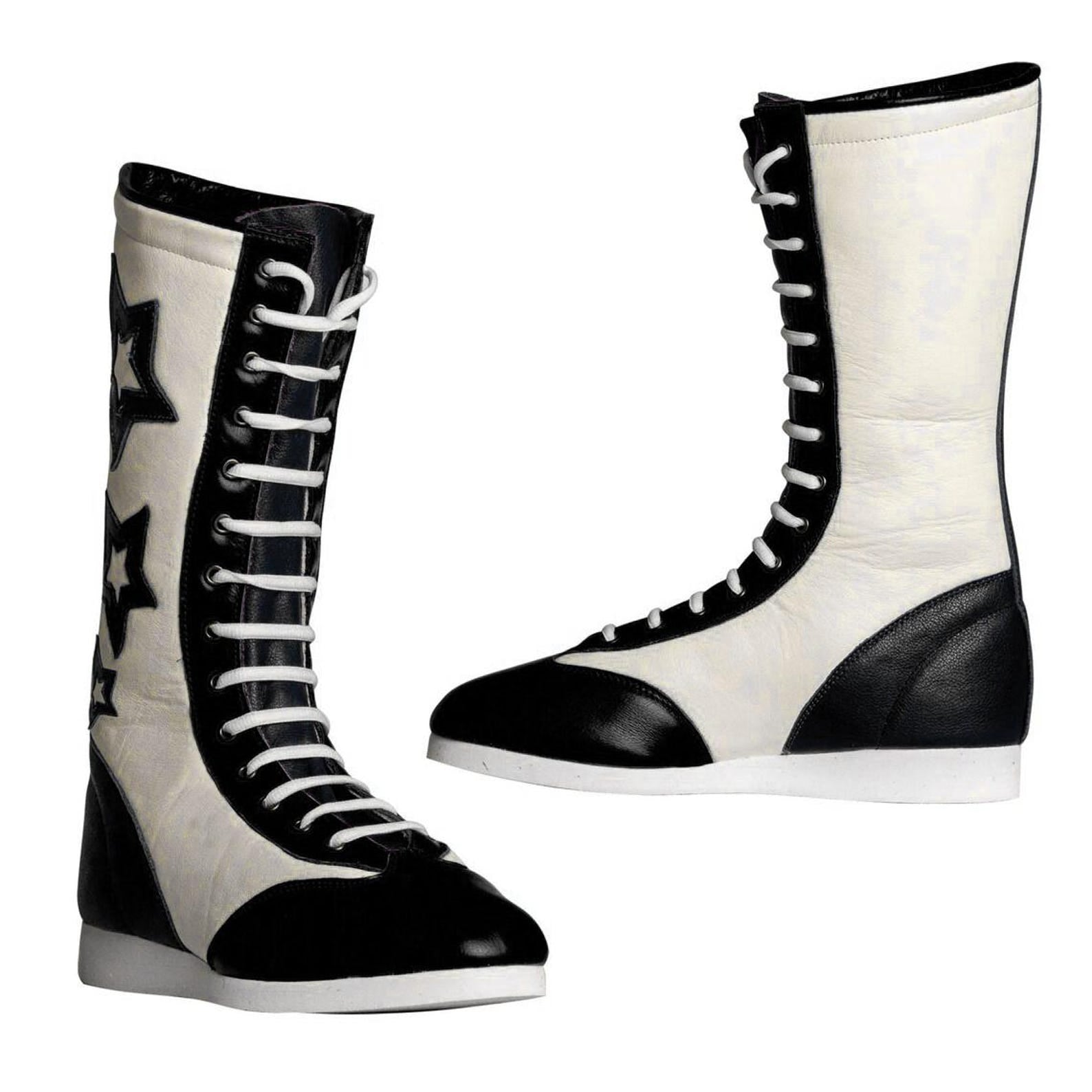Retro Star Wrestling Boots Black  White High Top Leather Unisex