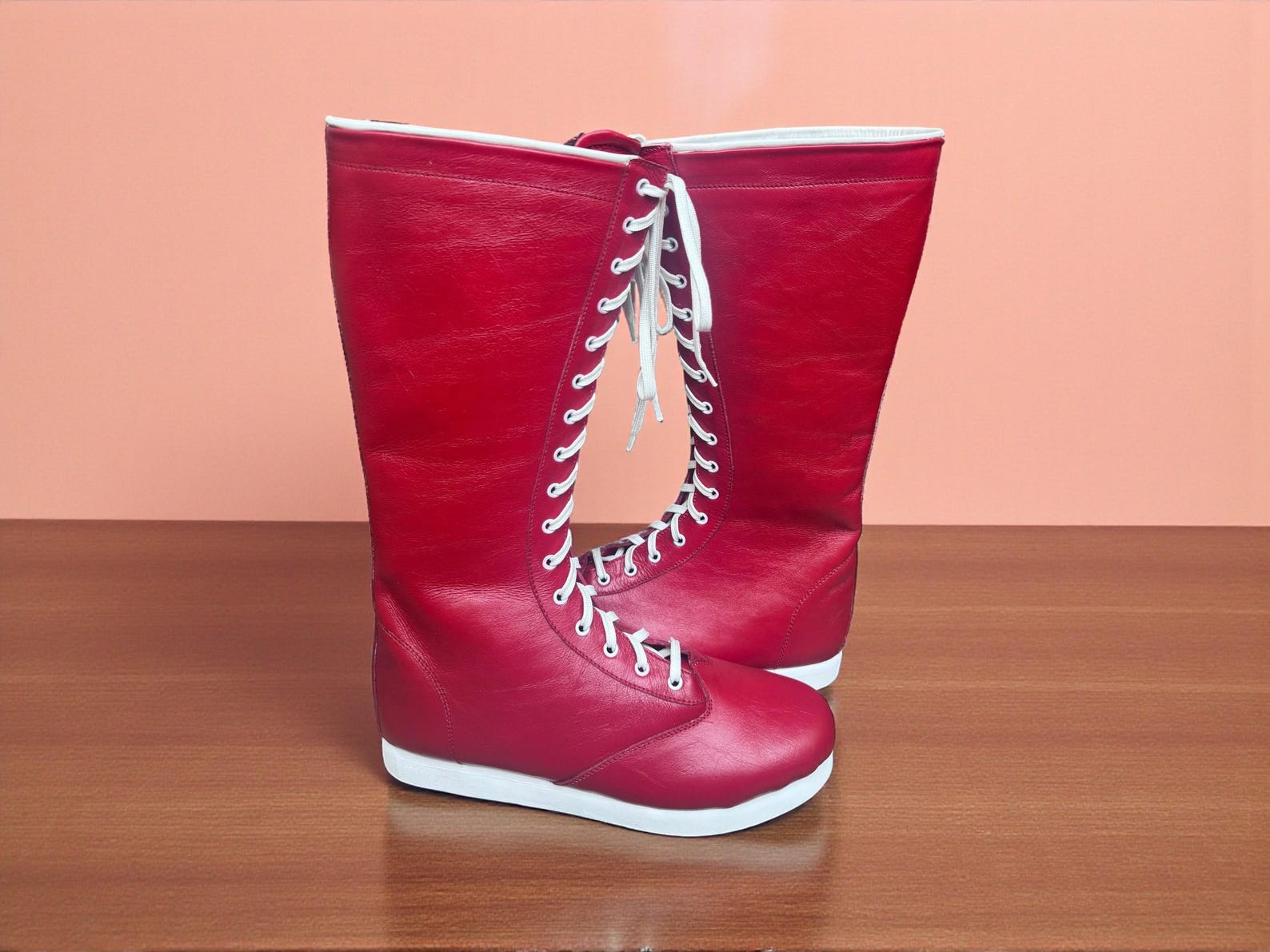 Handmade Leather Wrestling Boots Red Tall Lace Up Design