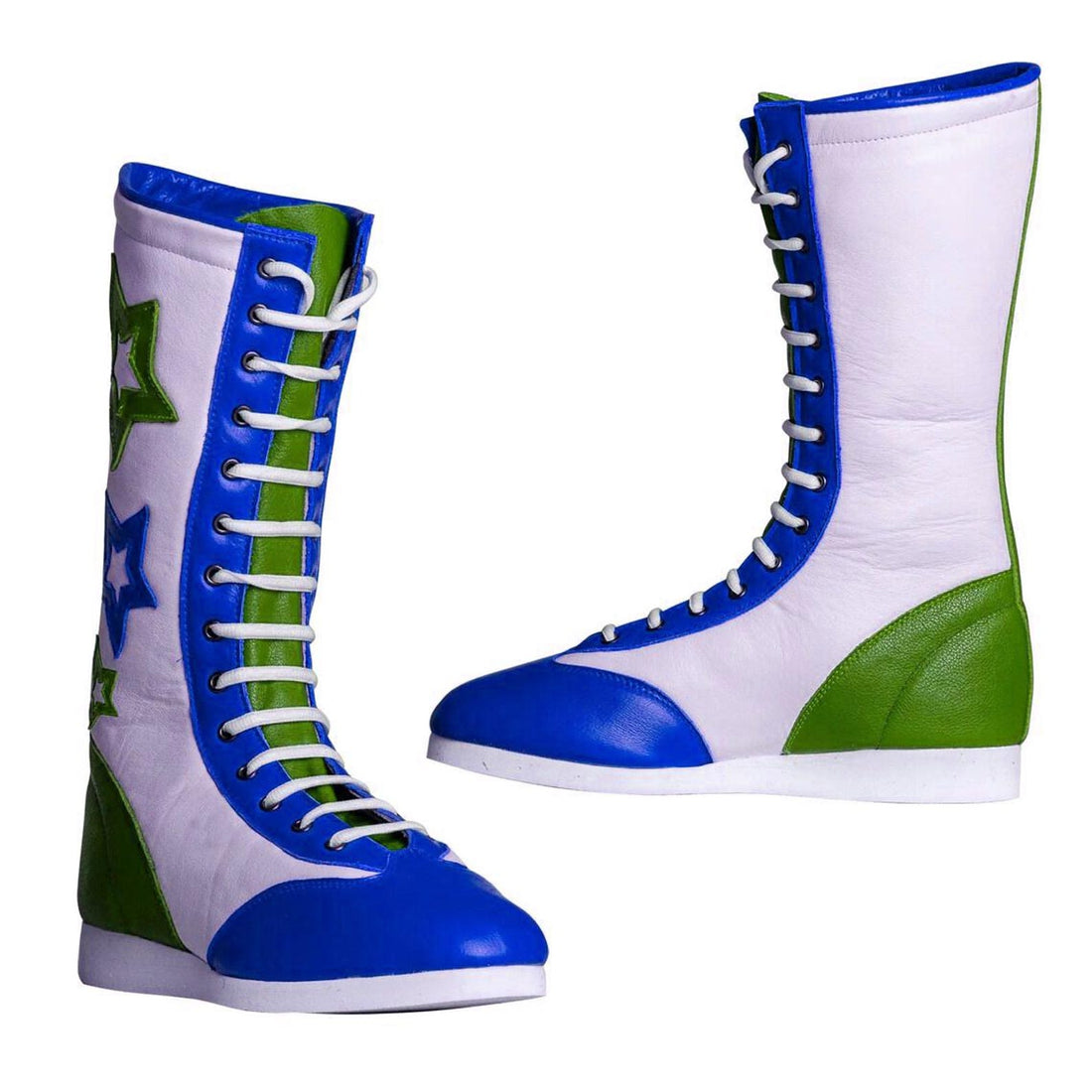 Handmade Star Pattern Wrestling Boots Blue Green Leather Ring Gear