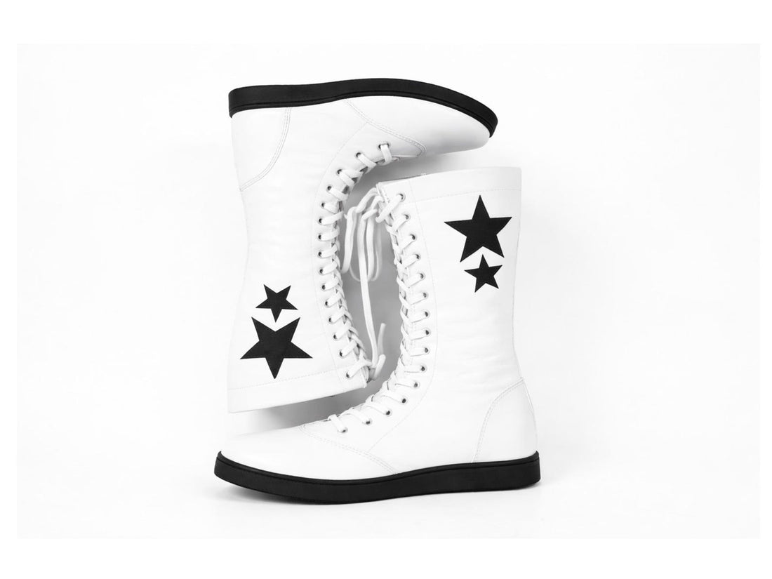 White Leather Lace-Up Wrestling Boots with Black Stars