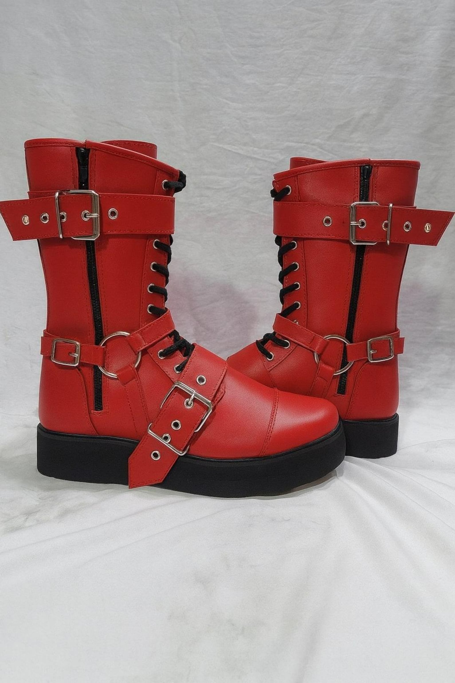 Red Wrestling Boots Unisex  Pro Leather Fight Gear Laced Up Long Shoes