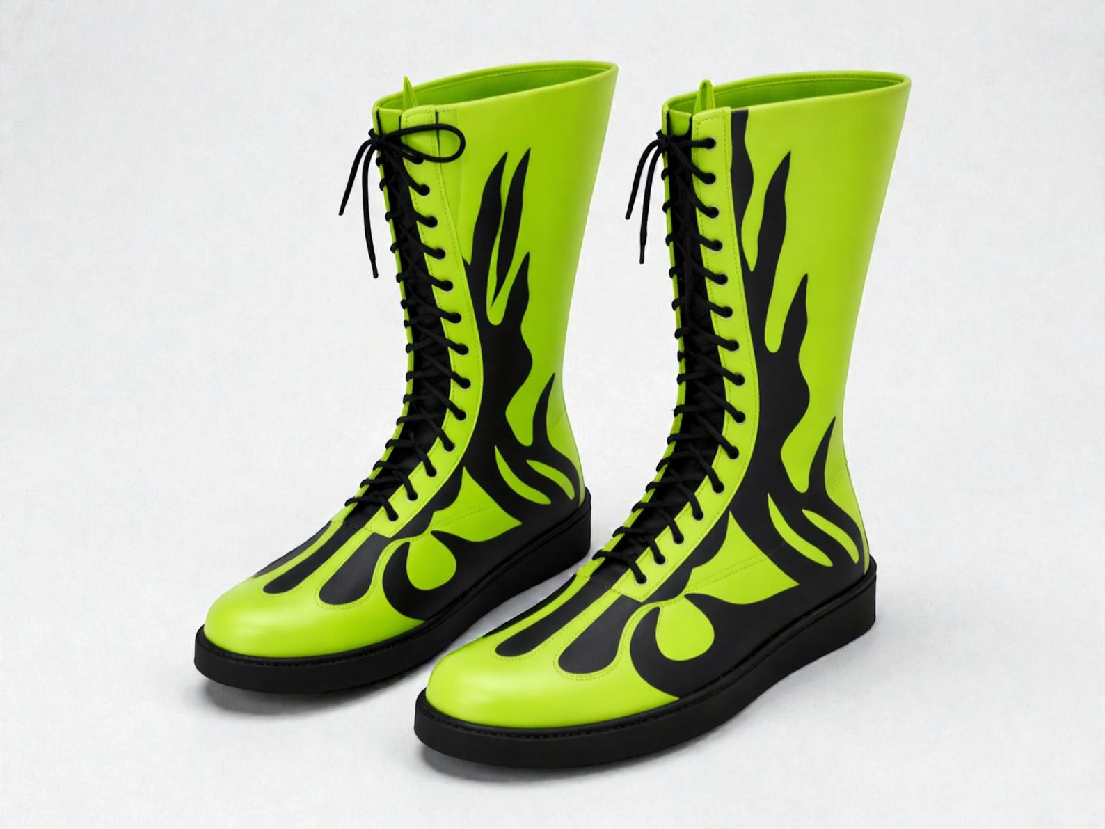 Neon Green Flame Wrestling Boots – Black Lace-Up High-Top Ring Shoes