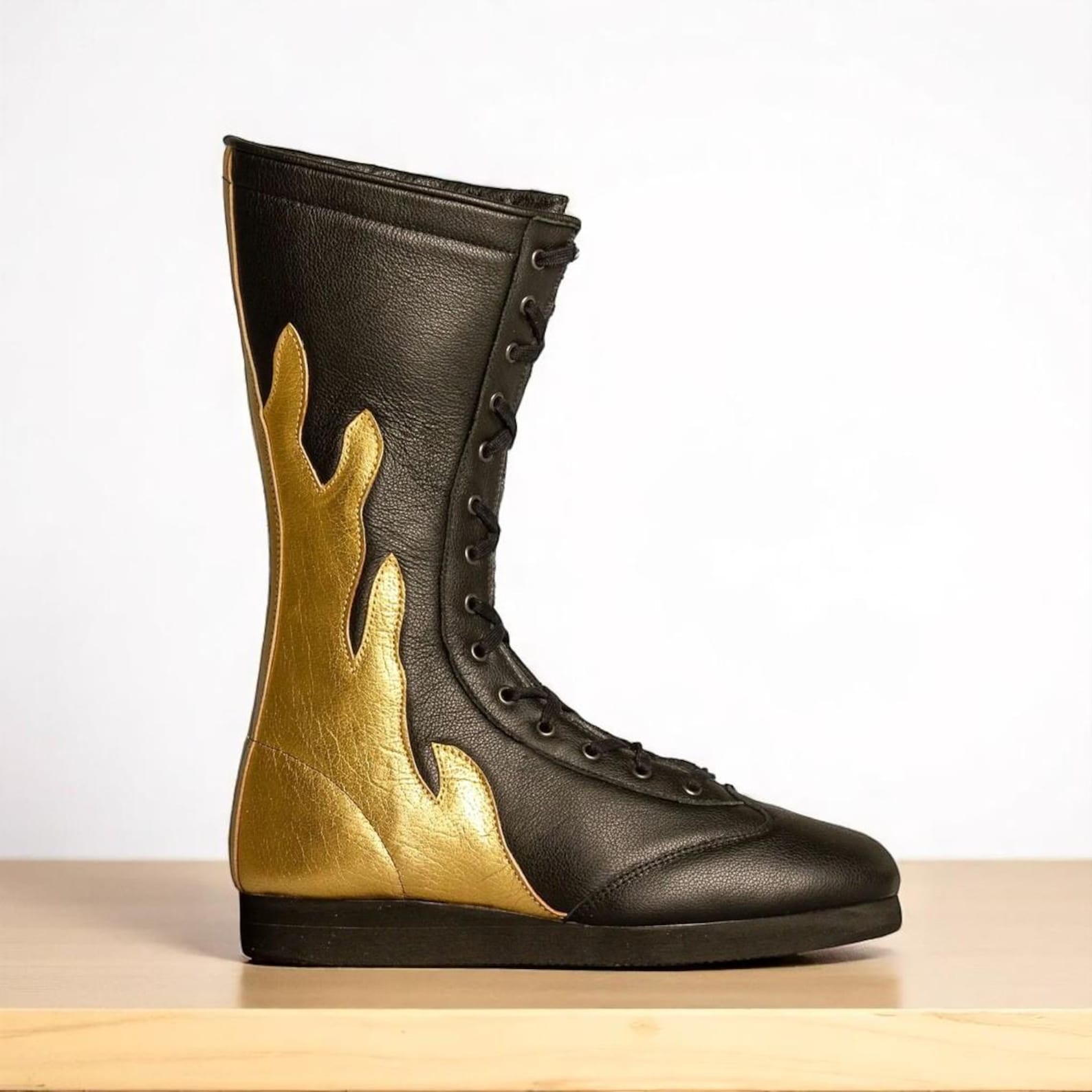 Custom Pro Wrestling Boots Black Leather with Gold Flames