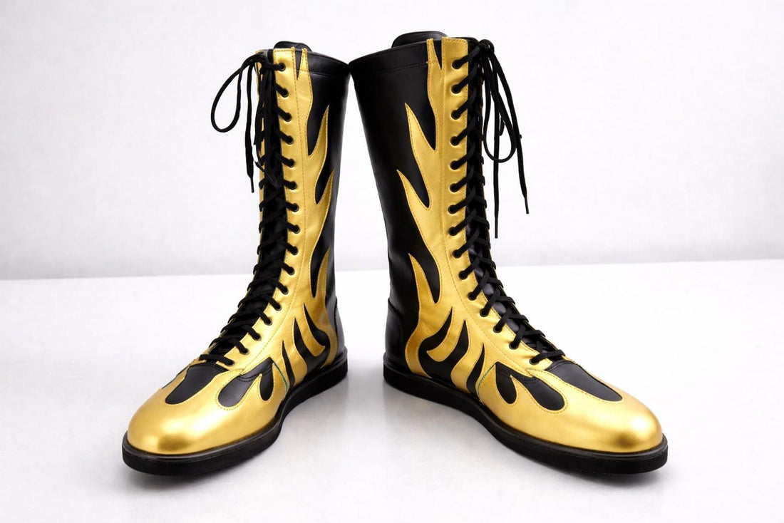 Black Gold Flame Wrestling Boots – Handmade Knee-High Pro Ring Boots