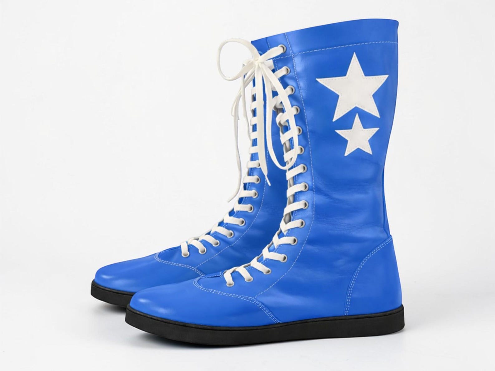 Custom Handmade Blue Leather Wrestling Boots White Star Design Mens Ring Gear