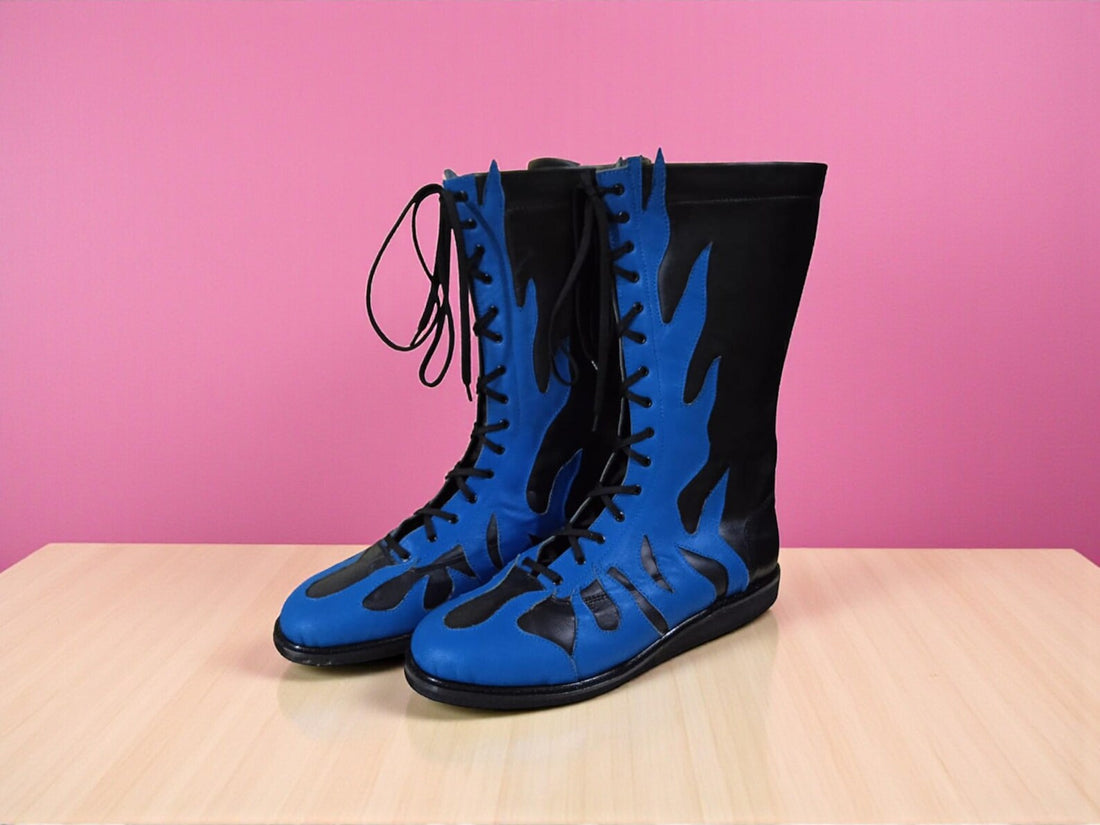Handmade Flame Leather Wrestling Boots Custom Lace Up Cosplay Footwear