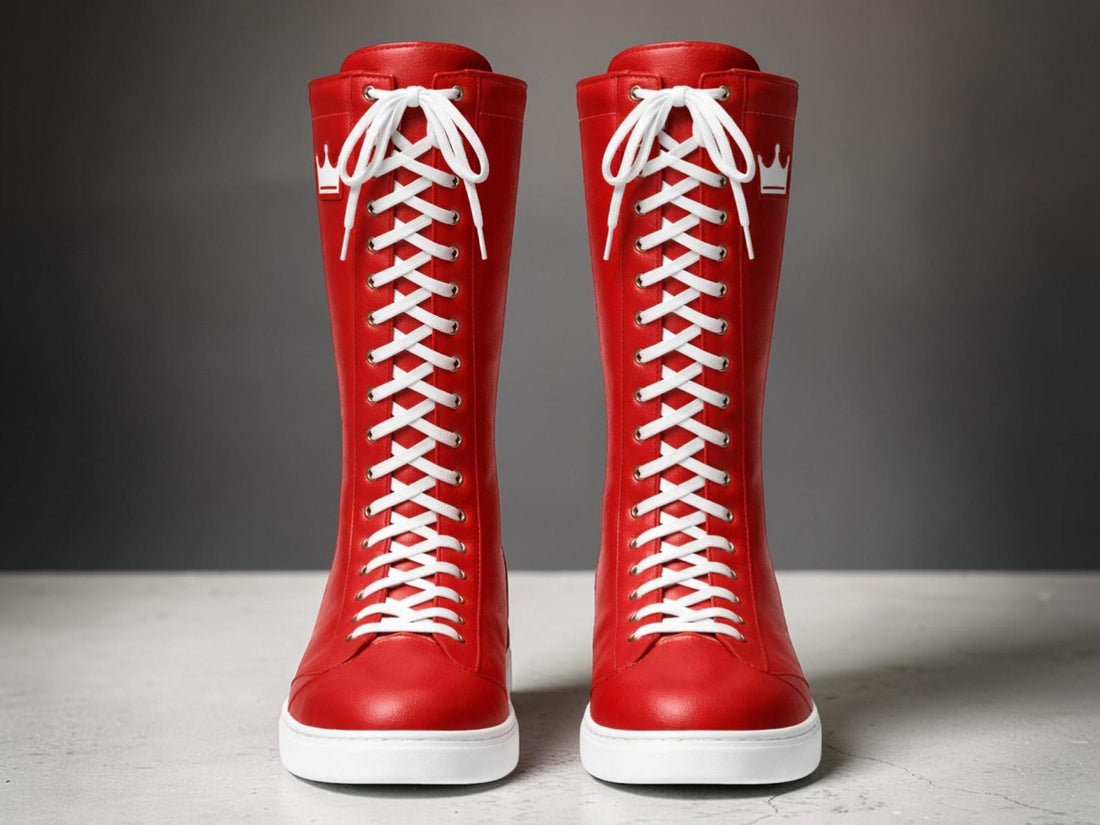 Handmade Red Leather Wrestling Boots High Top Lace Up Boxing Footwear Crown Design