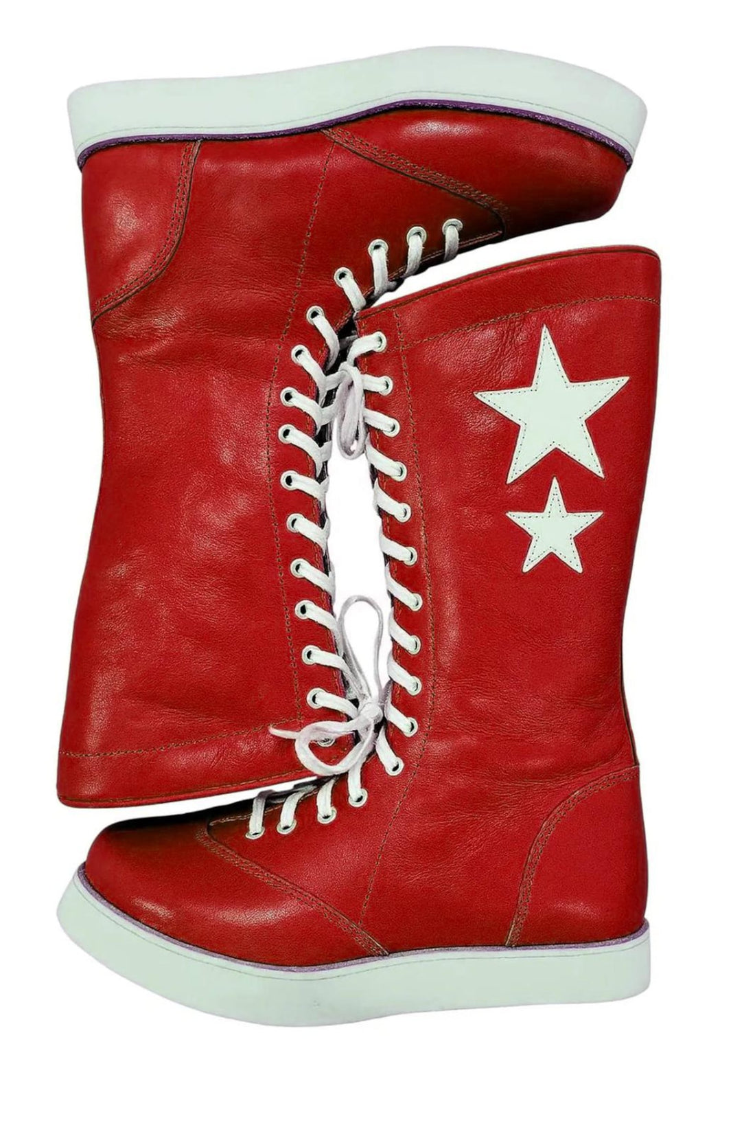 Handmade Red Leather Wrestling Boots Retro Star Patch Unisex Combat Shoes