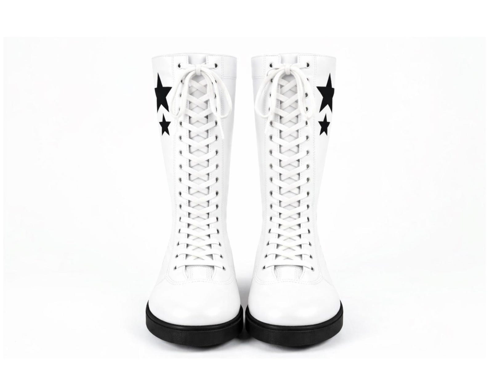White Leather Lace-Up Wrestling Boots with Black Stars
