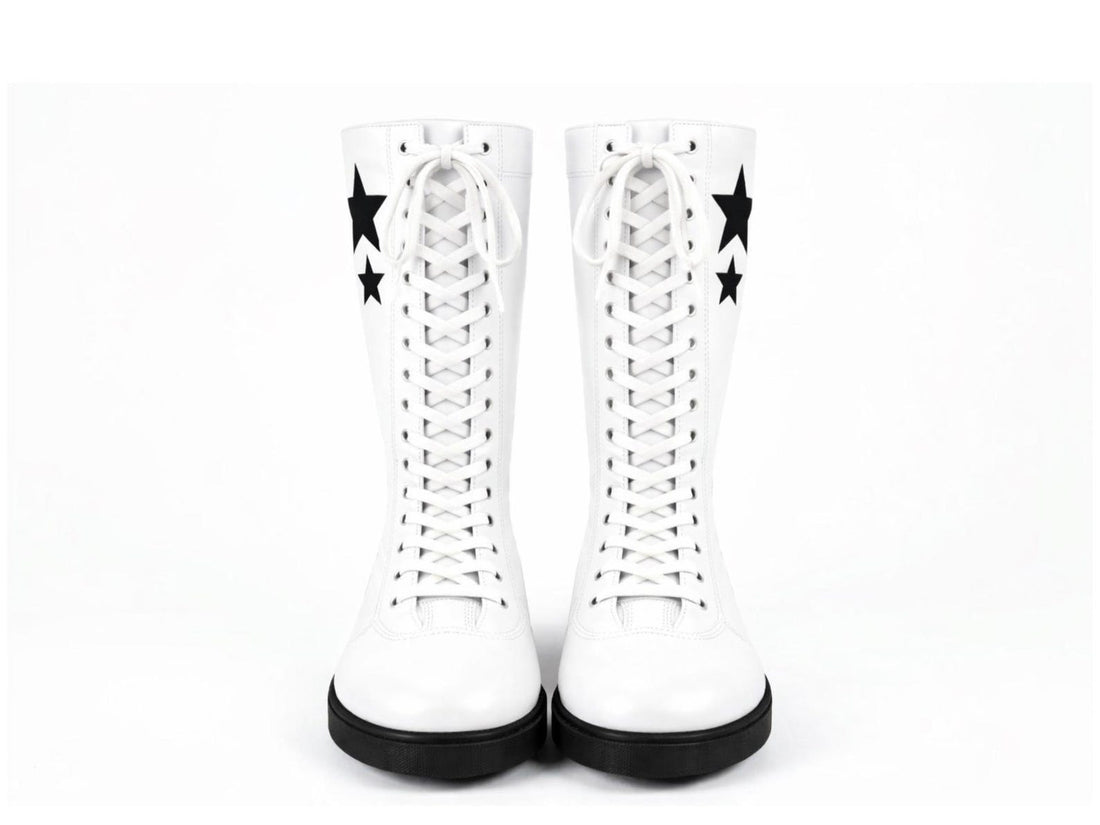 White Leather Lace-Up Wrestling Boots with Black Stars