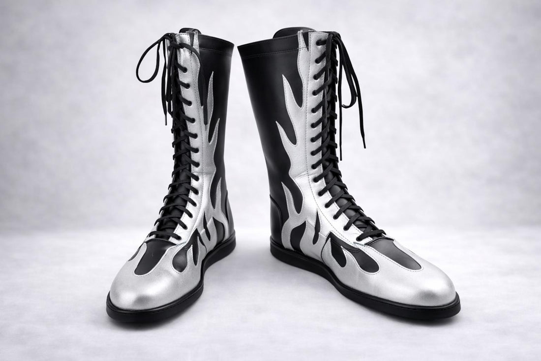 Black Silver Flame Wrestling Boots – Custom Knee-High Leather Ring Gear