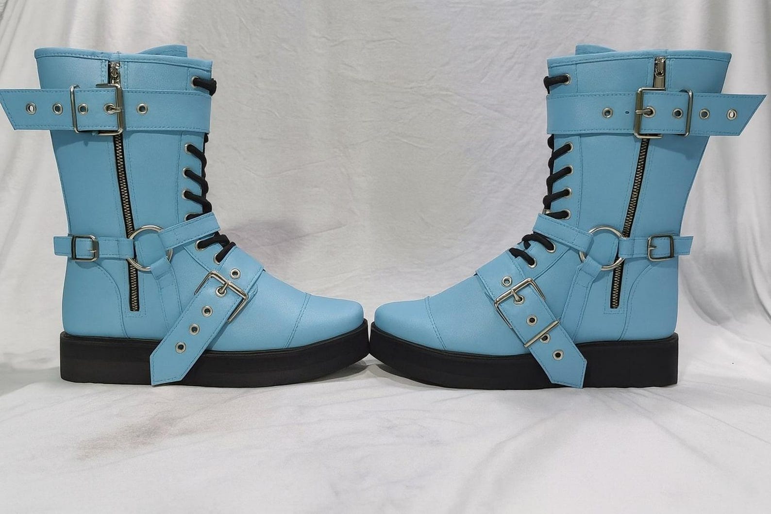 Sky Blue Wrestling Boots with Belts  Buckles Laced Up Long Combat Shoes