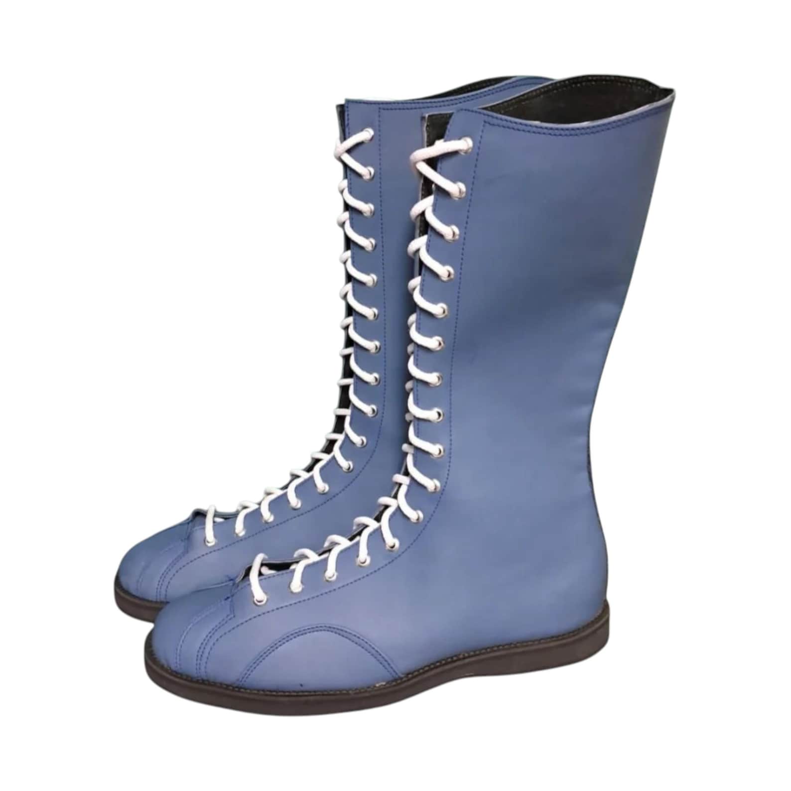 Blue Leather LaceUp Wrestling Boots Handmade Retro High top Costume Footwear