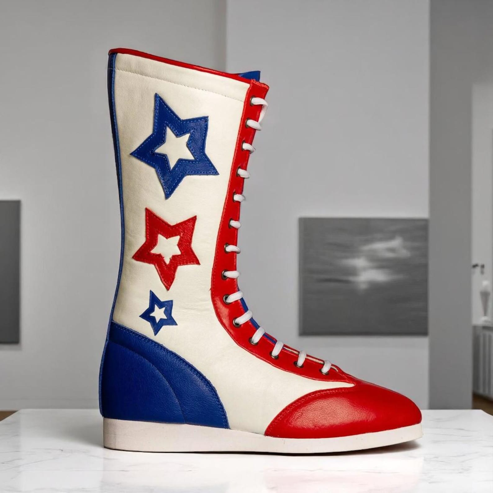 Retro 70s Red White Blue Wrestling Boots Patriotic Star Knee High Ring Gear