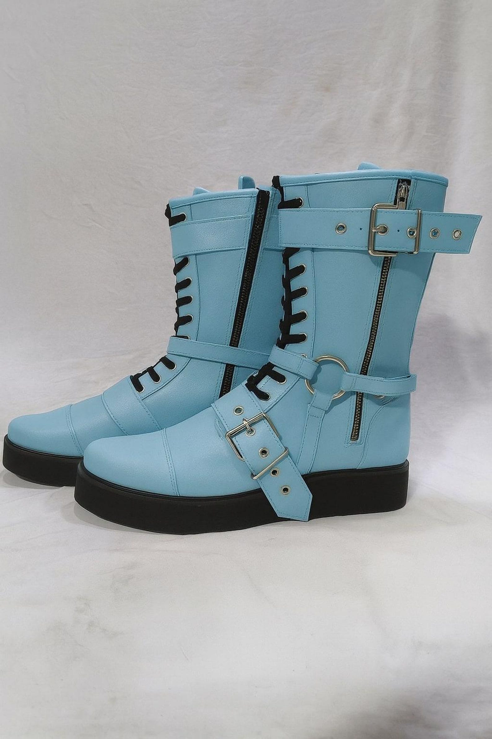 Sky Blue Wrestling Boots with Belts  Buckles Laced Up Long Combat Shoes