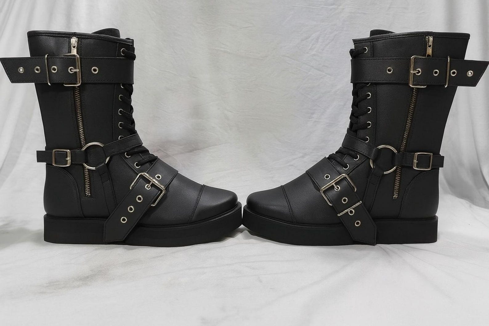 Leather Wrestling Boots Black  Pro Wrestling Shoes with Buckles  Straps