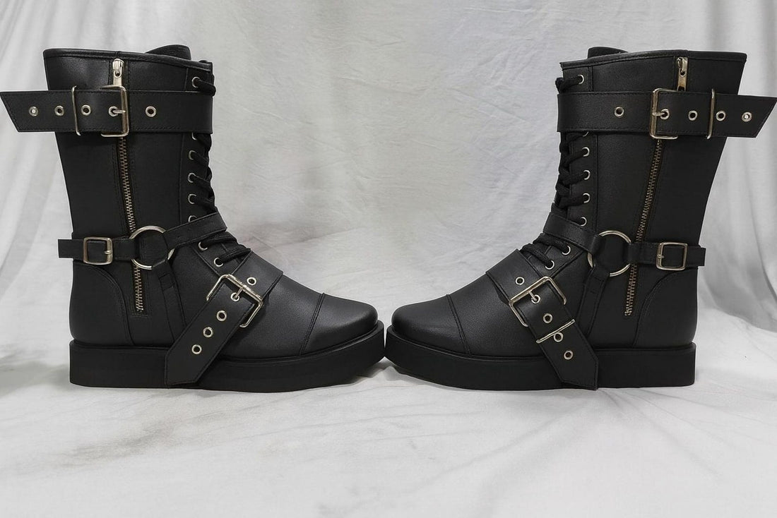 Leather Wrestling Boots Black  Pro Wrestling Shoes with Buckles  Straps