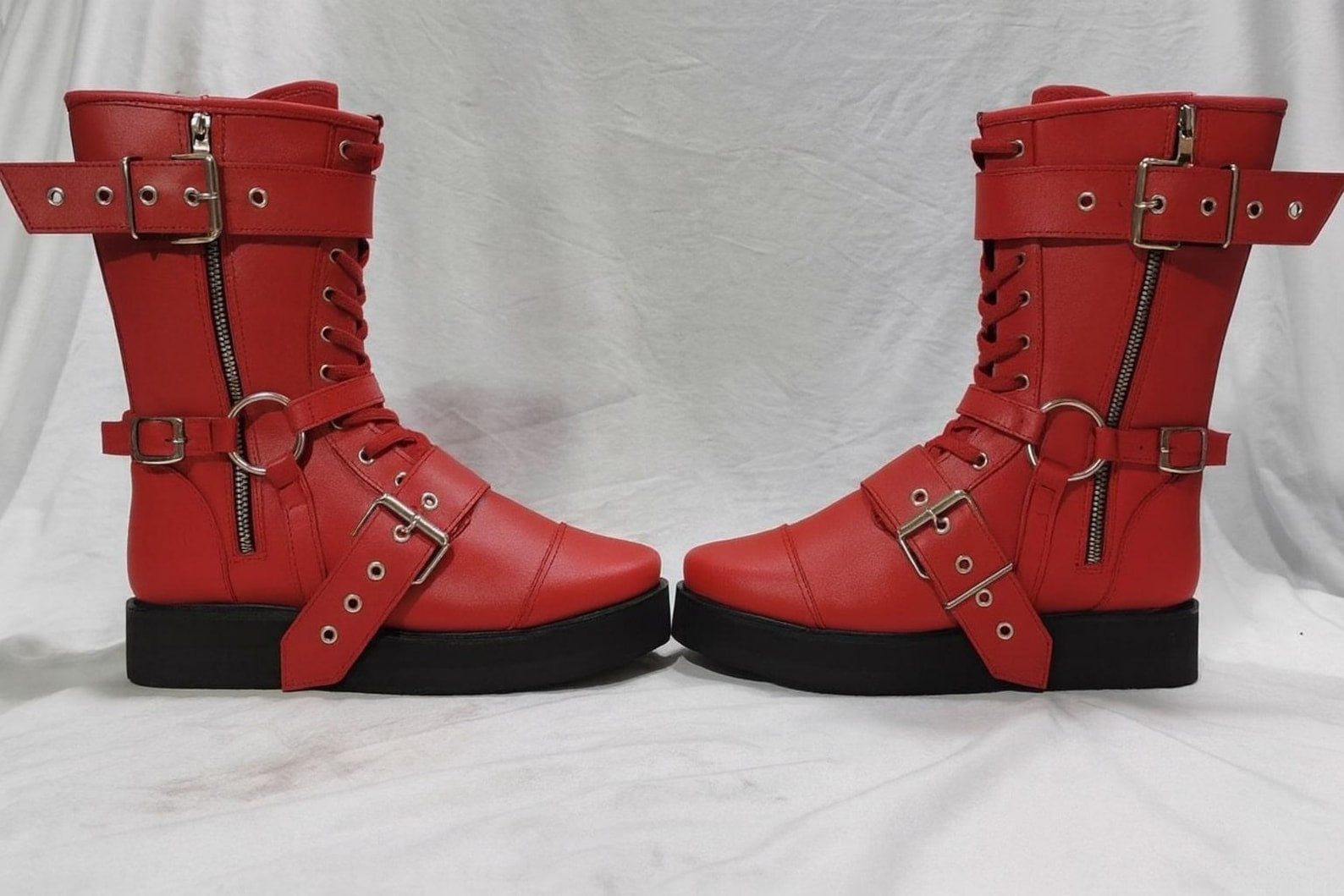 Red Wrestling Boots Unisex  Pro Leather Fight Gear Laced Up Long Shoes