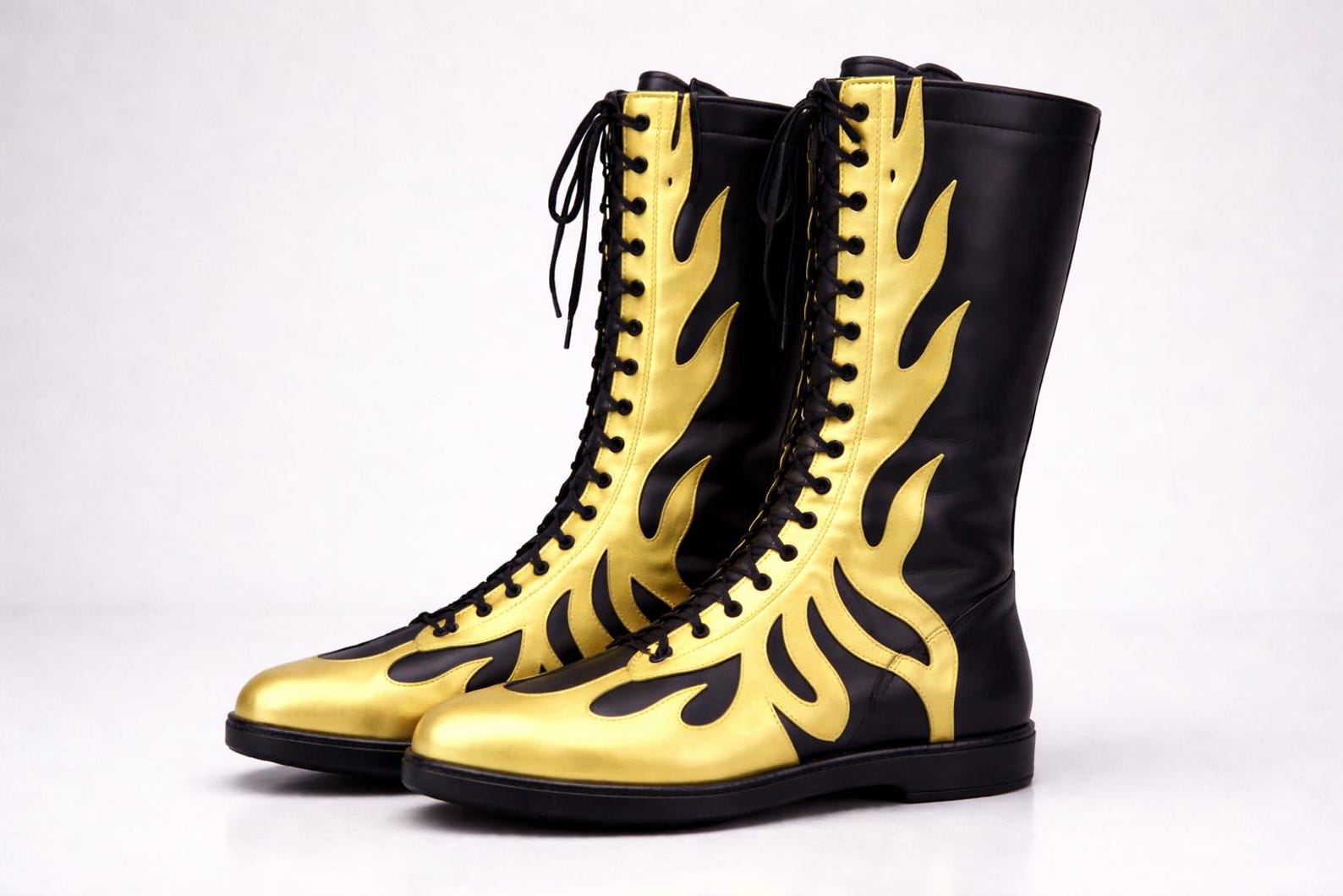 Black Gold Flame Wrestling Boots – Handmade Knee-High Pro Ring Boots