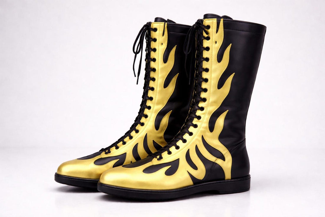 Black Gold Flame Wrestling Boots – Handmade Knee-High Pro Ring Boots