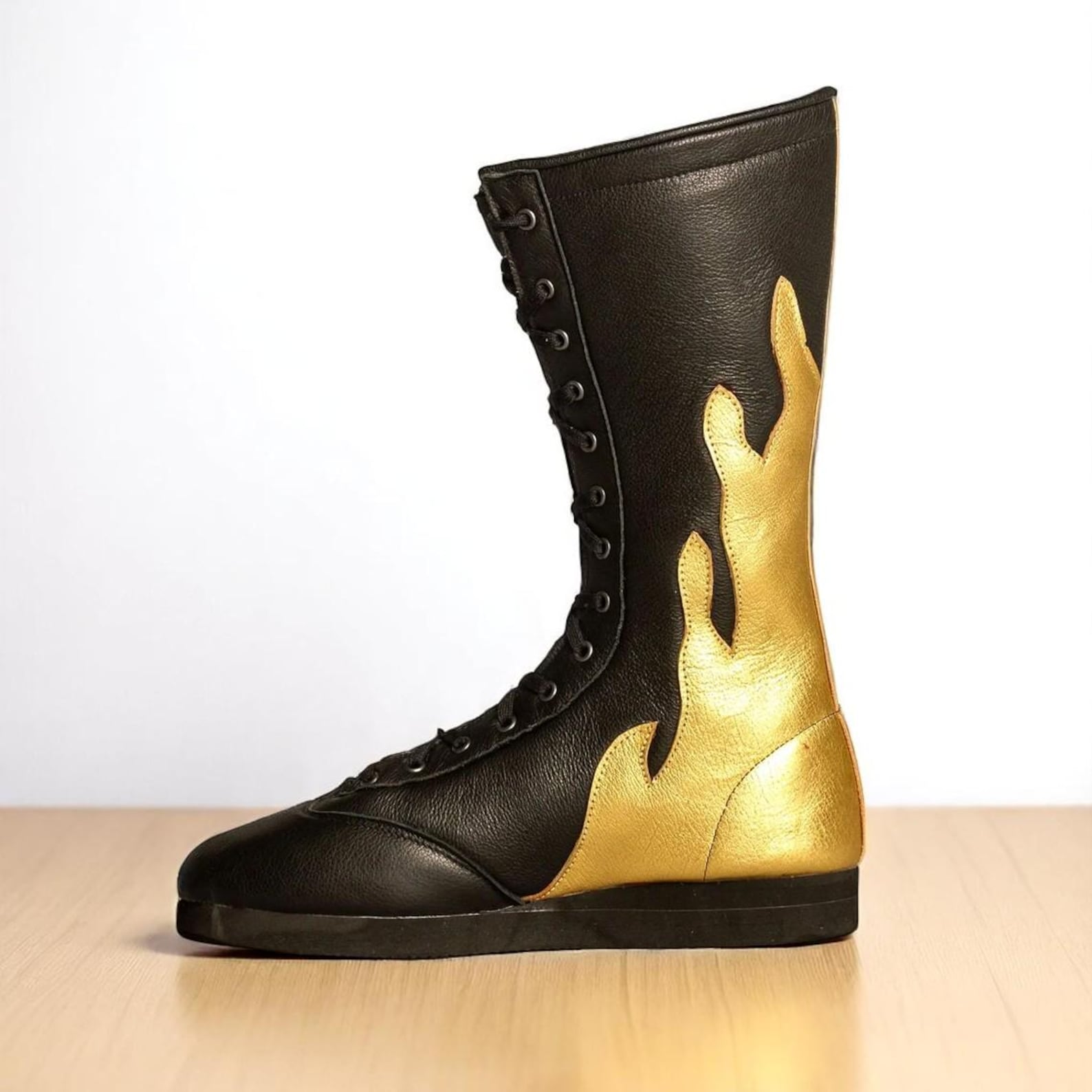 Custom Pro Wrestling Boots Black Leather with Gold Flames