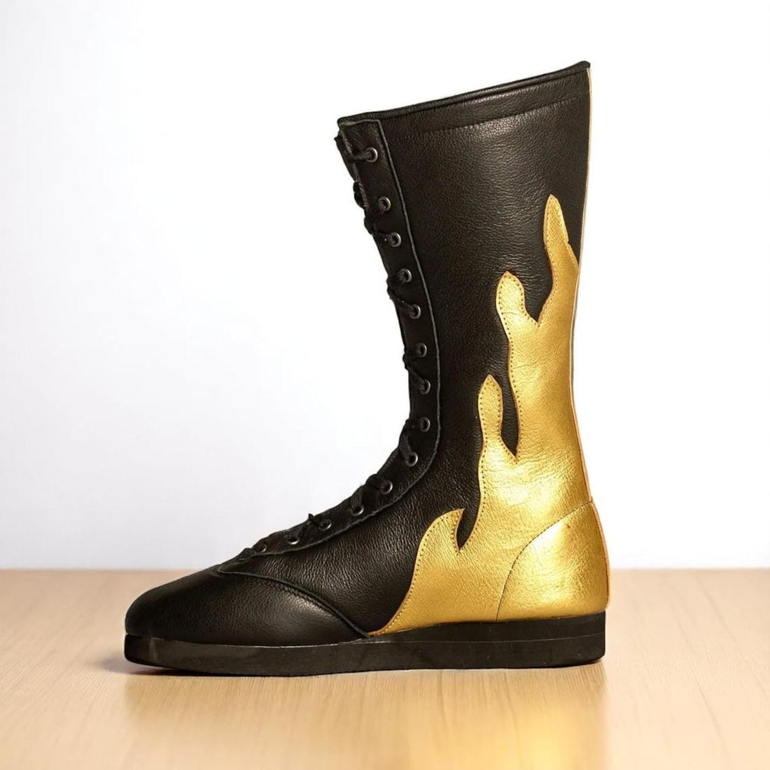 Custom Pro Wrestling Boots Black Leather with Gold Flames