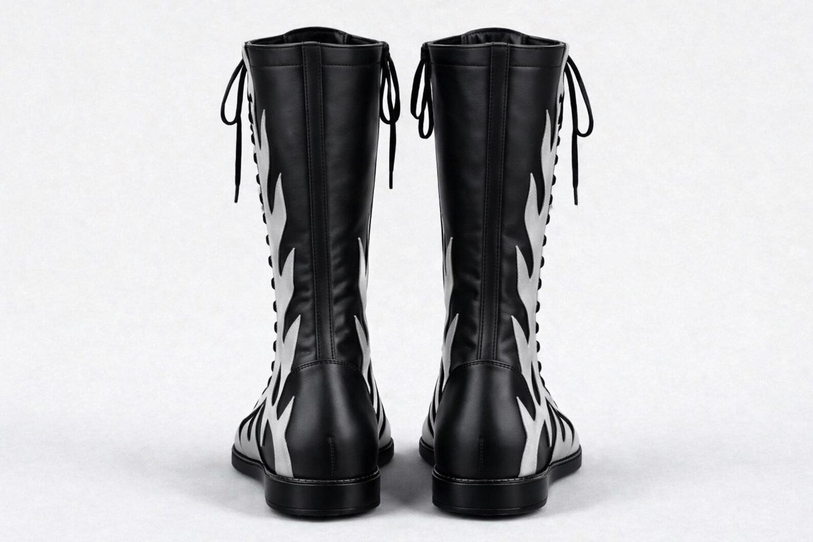Black Silver Flame Wrestling Boots – Custom Knee-High Leather Ring Gear