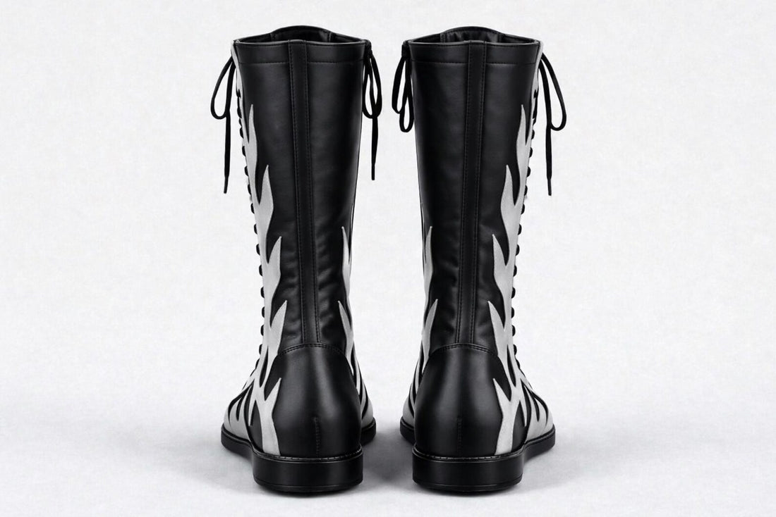 Black Silver Flame Wrestling Boots – Custom Knee-High Leather Ring Gear