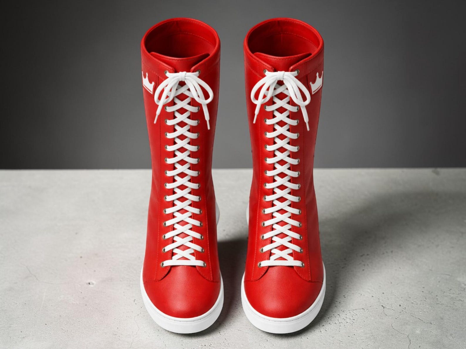 Handmade Red Leather Wrestling Boots High Top Lace Up Boxing Footwear Crown Design