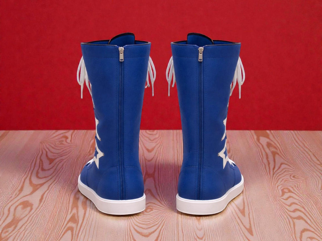 Handmade Leather Pro Wrestling Boots White  Blue Tall Lace Up Boots Professional Ring Shoes