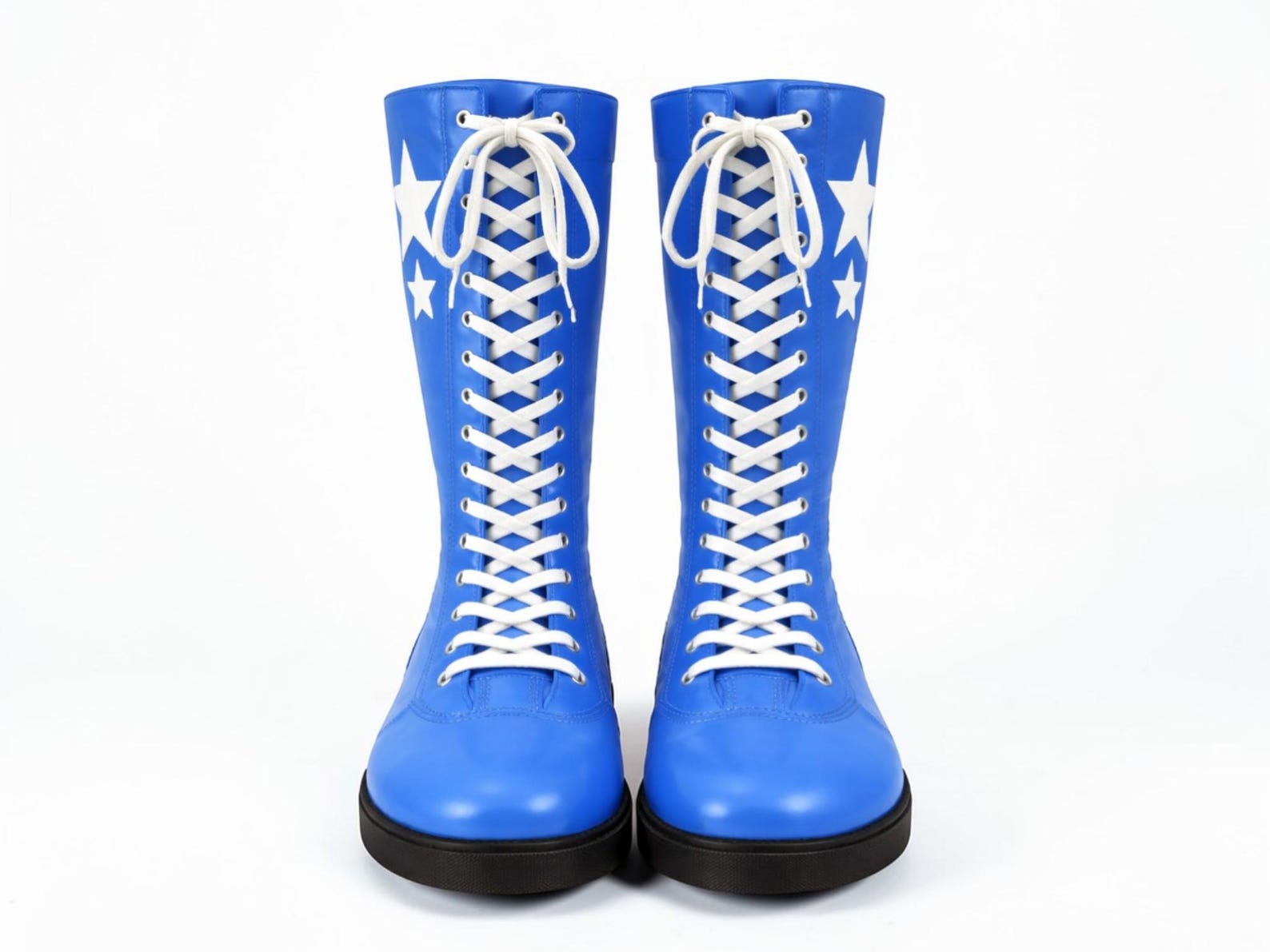 Custom Handmade Blue Leather Wrestling Boots White Star Design Mens Ring Gear
