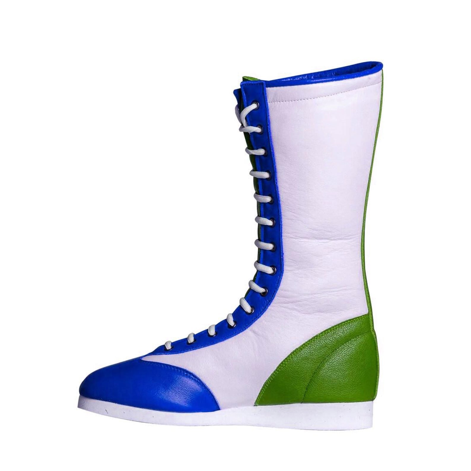 Handmade Star Pattern Wrestling Boots Blue Green Leather Ring Gear