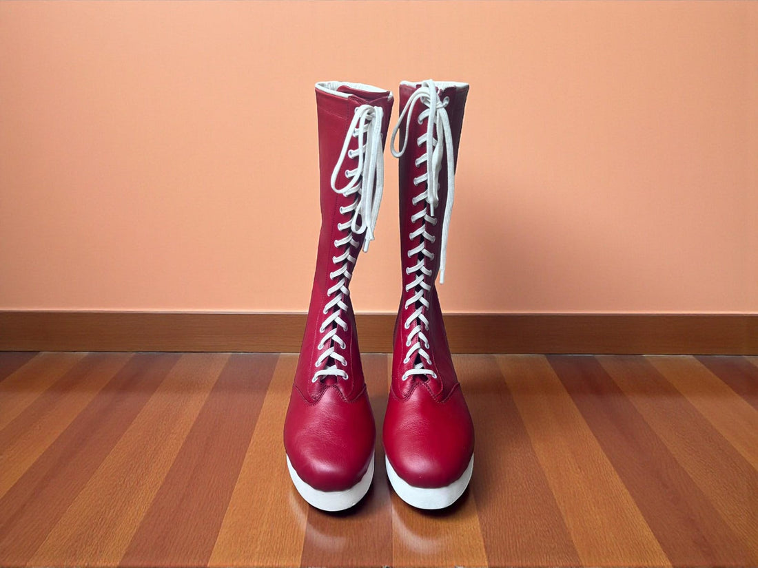 Handmade Leather Wrestling Boots Red Tall Lace Up Design