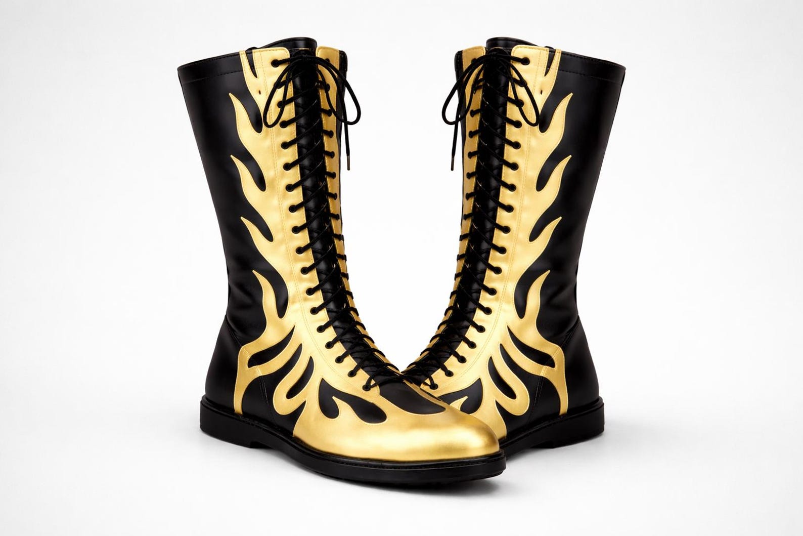 Black Gold Flame Wrestling Boots – Handmade Knee-High Pro Ring Boots