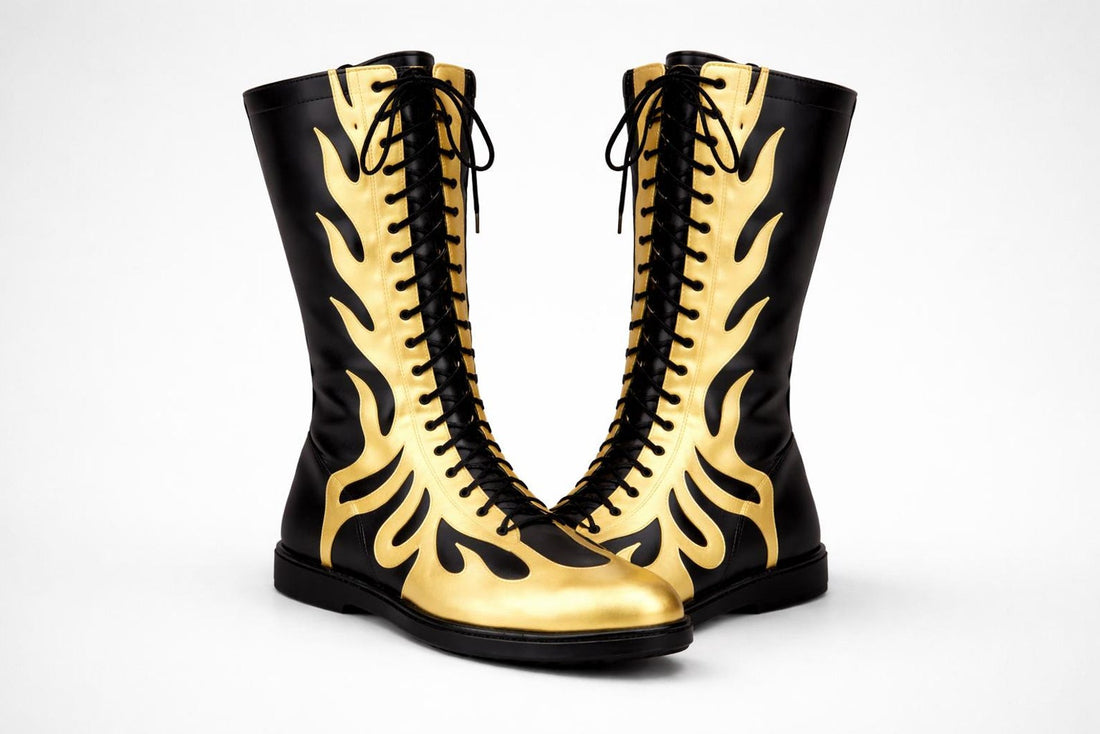 Black Gold Flame Wrestling Boots – Handmade Knee-High Pro Ring Boots