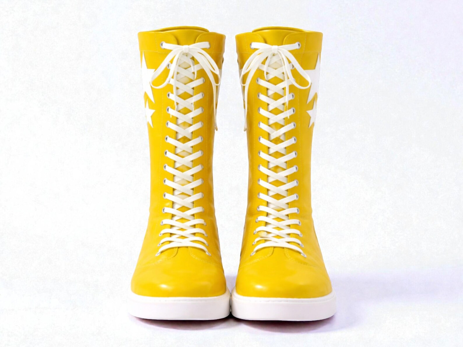 Yellow Leather Pro Wrestling Boots  Custom Tall Lace Up Ring Shoes with Star Design