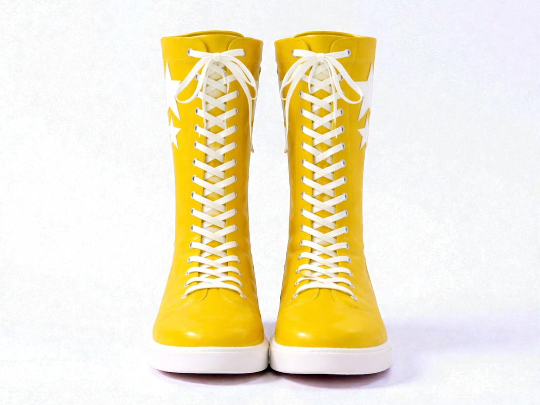 Yellow Leather Pro Wrestling Boots  Custom Tall Lace Up Ring Shoes with Star Design