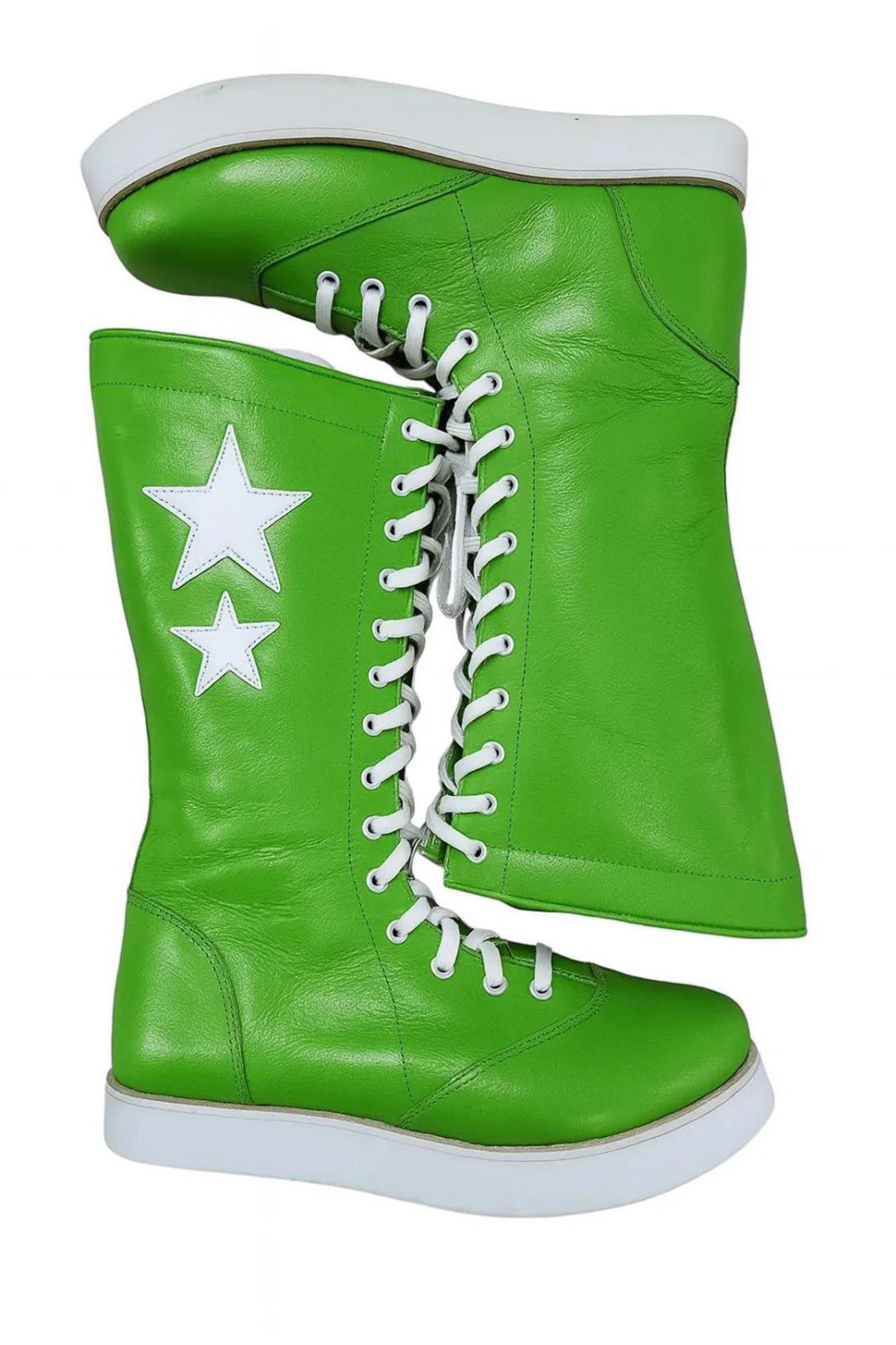 Handmade Green Leather Wrestling Boots White Star High Tops