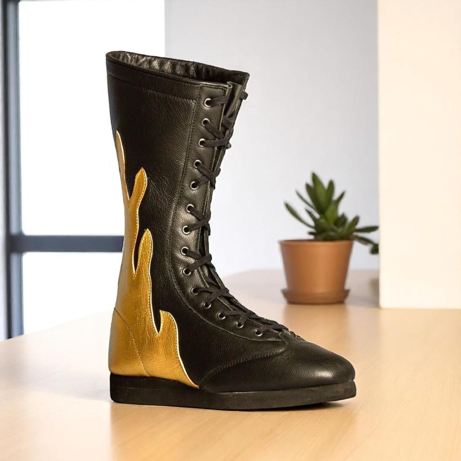 Custom Pro Wrestling Boots Black Leather with Gold Flames