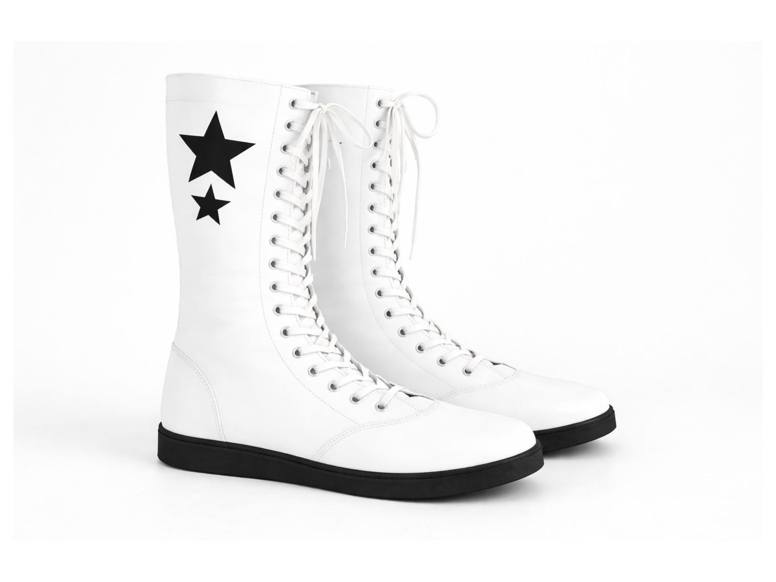 White Leather Lace-Up Wrestling Boots with Black Stars