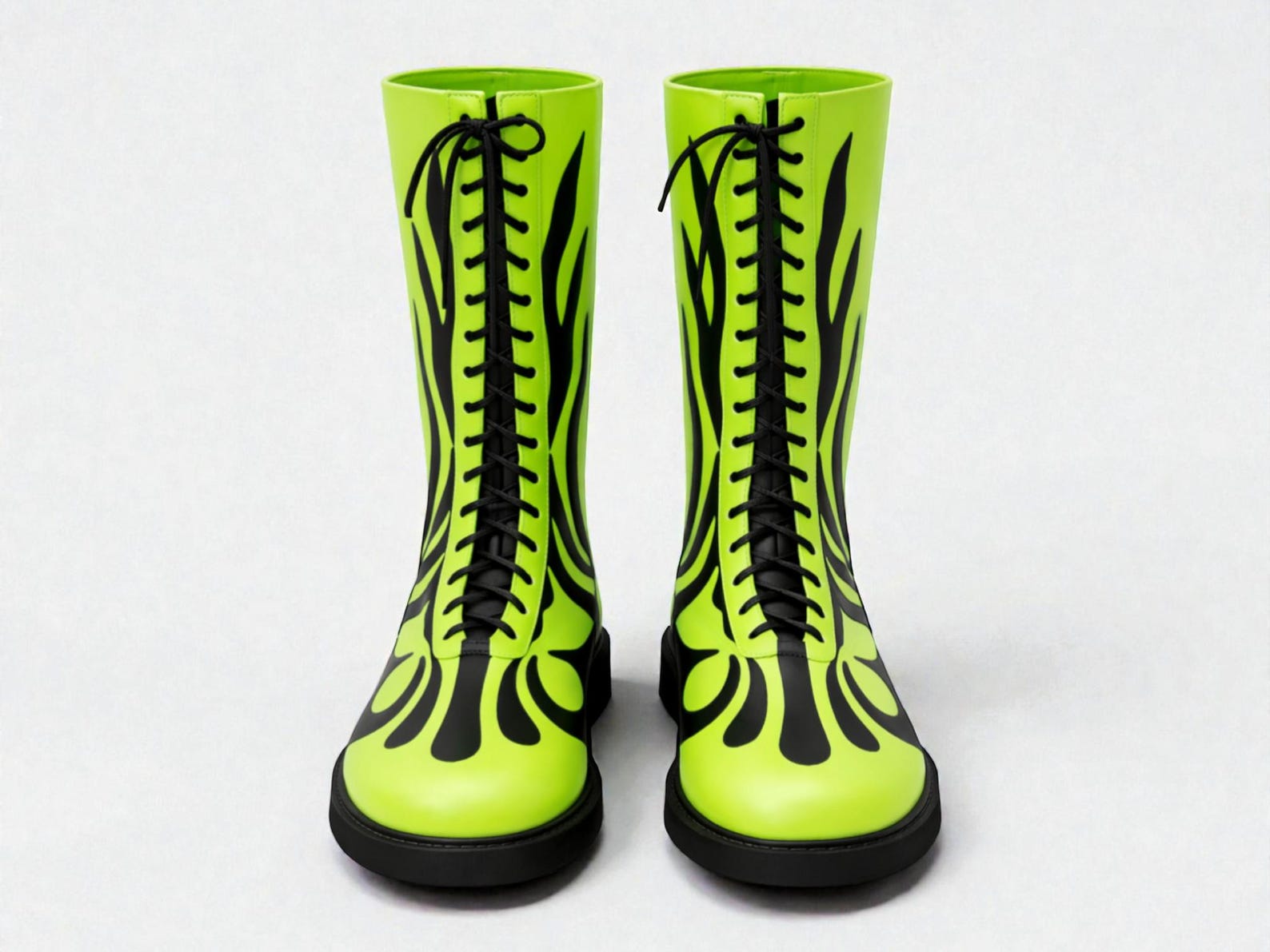 Neon Green Flame Wrestling Boots – Black Lace-Up High-Top Ring Shoes