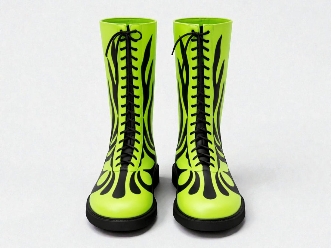 Neon Green Flame Wrestling Boots – Black Lace-Up High-Top Ring Shoes