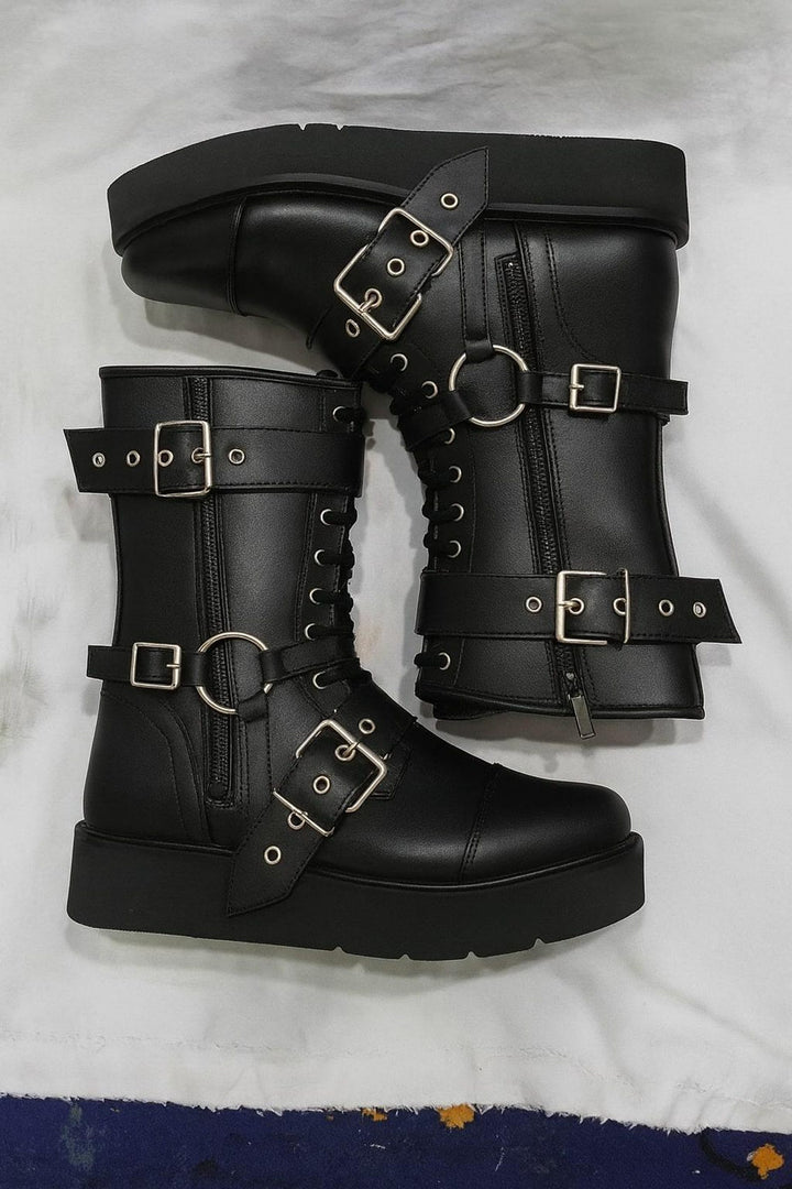 Leather Wrestling Boots Black  Pro Wrestling Shoes with Buckles  Straps