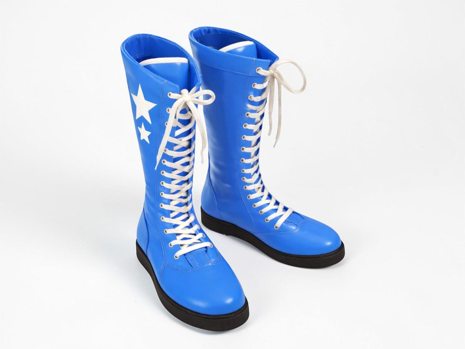 Custom Handmade Blue Leather Wrestling Boots White Star Design Mens Ring Gear