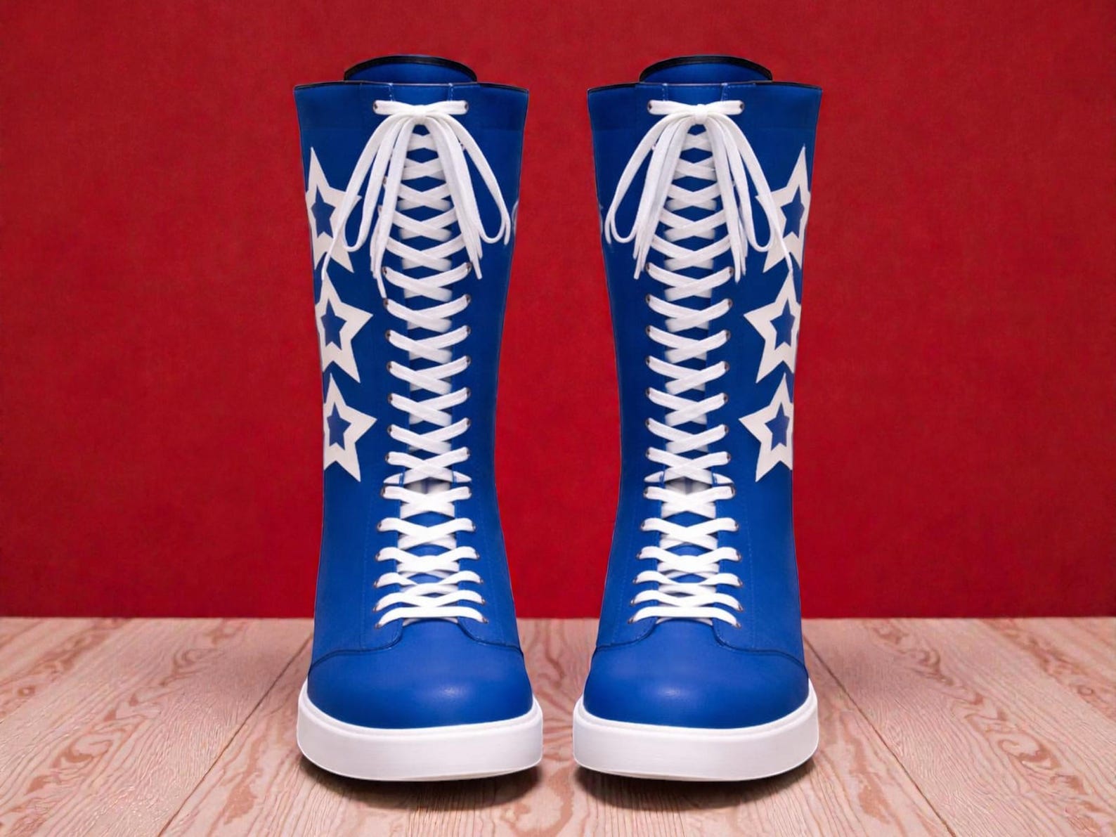 Handmade Leather Pro Wrestling Boots White  Blue Tall Lace Up Boots Professional Ring Shoes