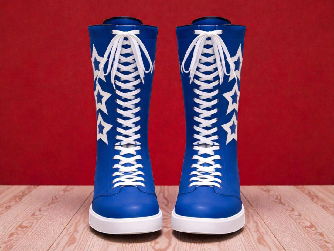 Handmade Leather Pro Wrestling Boots White  Blue Tall Lace Up Boots Professional Ring Shoes